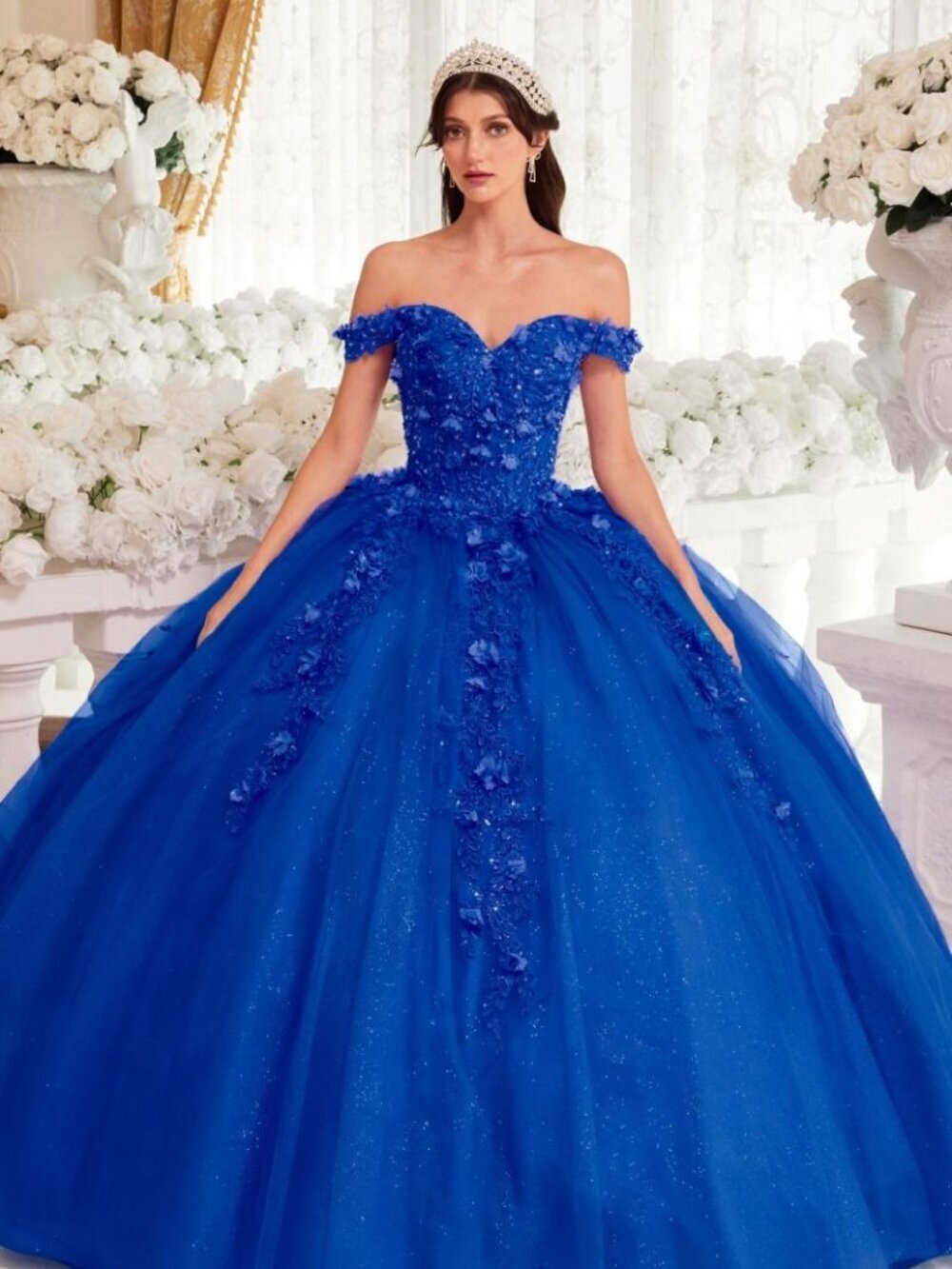 New Royal Off The Shoulder Floral Applique Embellished Quinceanera Gown CD 15717